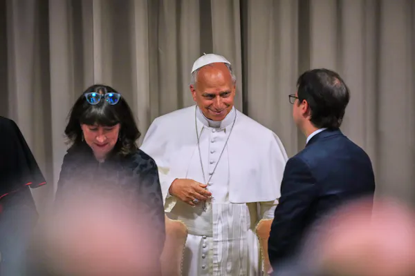 Pope Pope Leo XIV, dressed in a white gown, talks with Christopher Olah who has his back to the camera