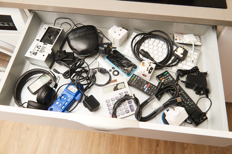various old electronic devices in a drawer