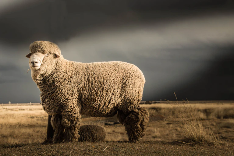 A large sheep standing in a field under grey skies.