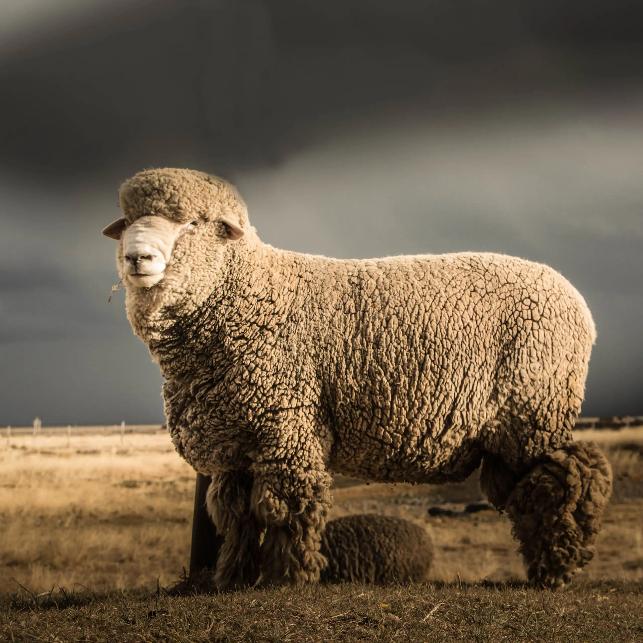 A large sheep standing in a field under grey skies.