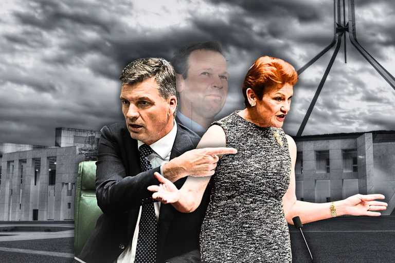 Angus Taylor pointing at Pauline Hanson with Matt Canavan in the background