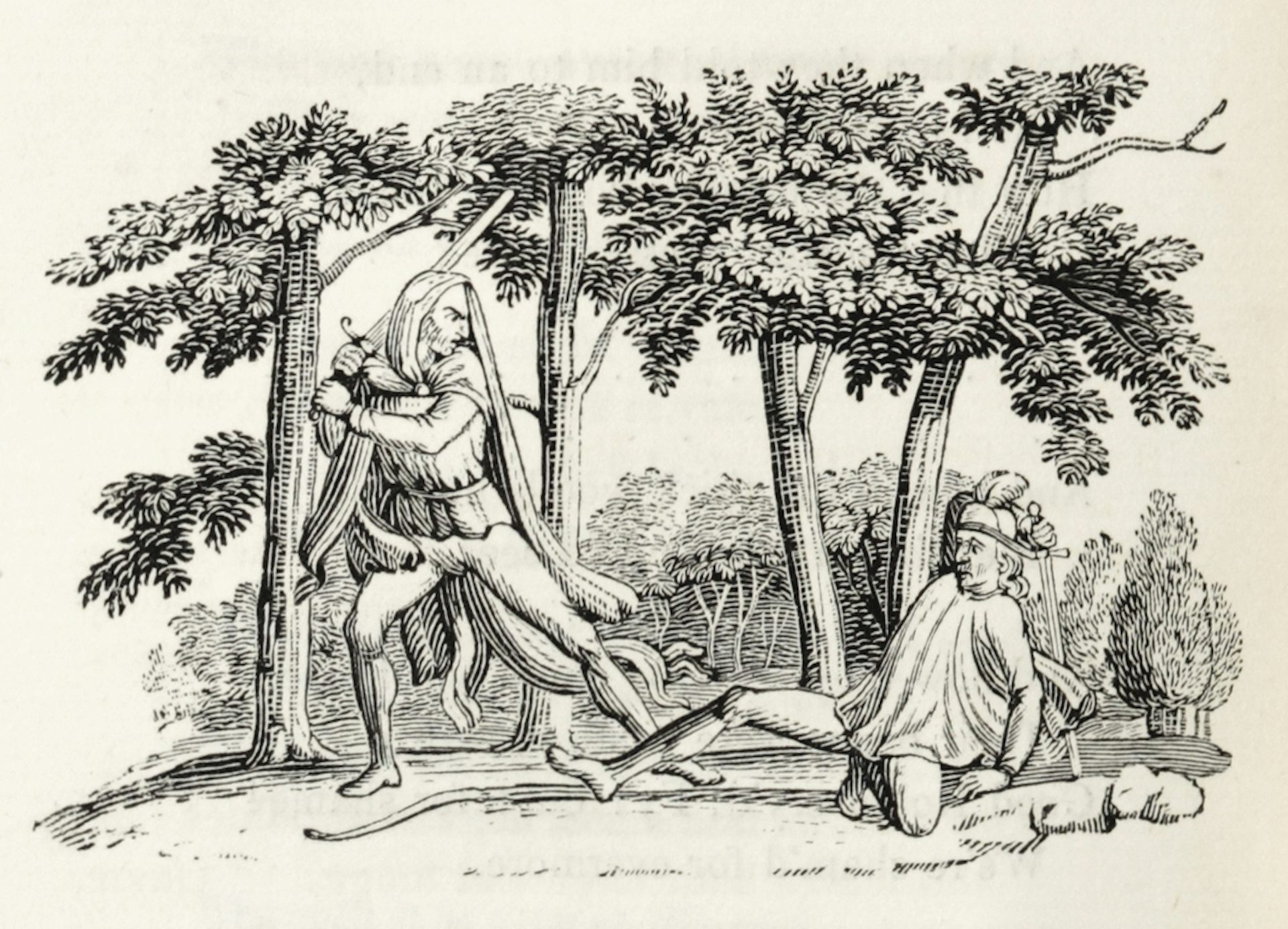 Robin Hood raising a sword over a person on the ground