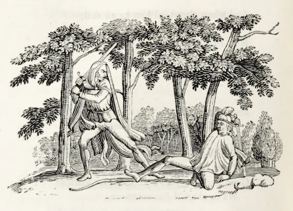 Robin Hood raising a sword over a person on the ground