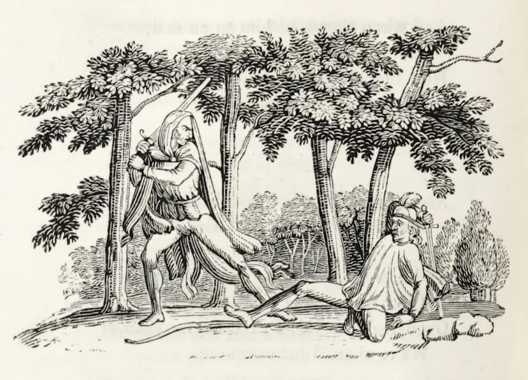 Robin Hood raising a sword over a person on the ground