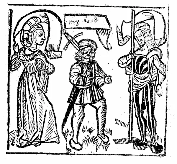 a man with a sword between two other figures