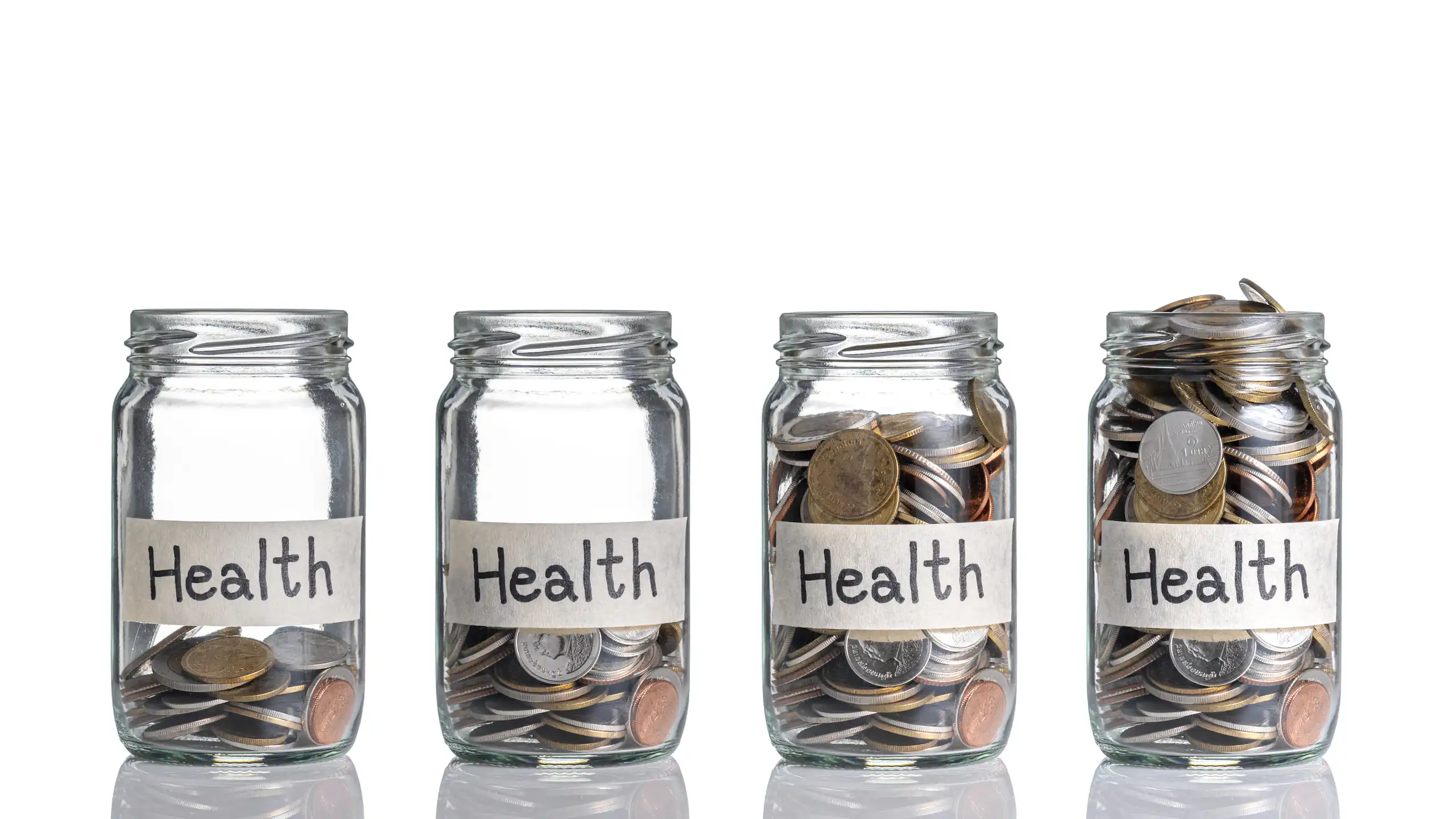 Bottles with different amounts of coins and labels that say health