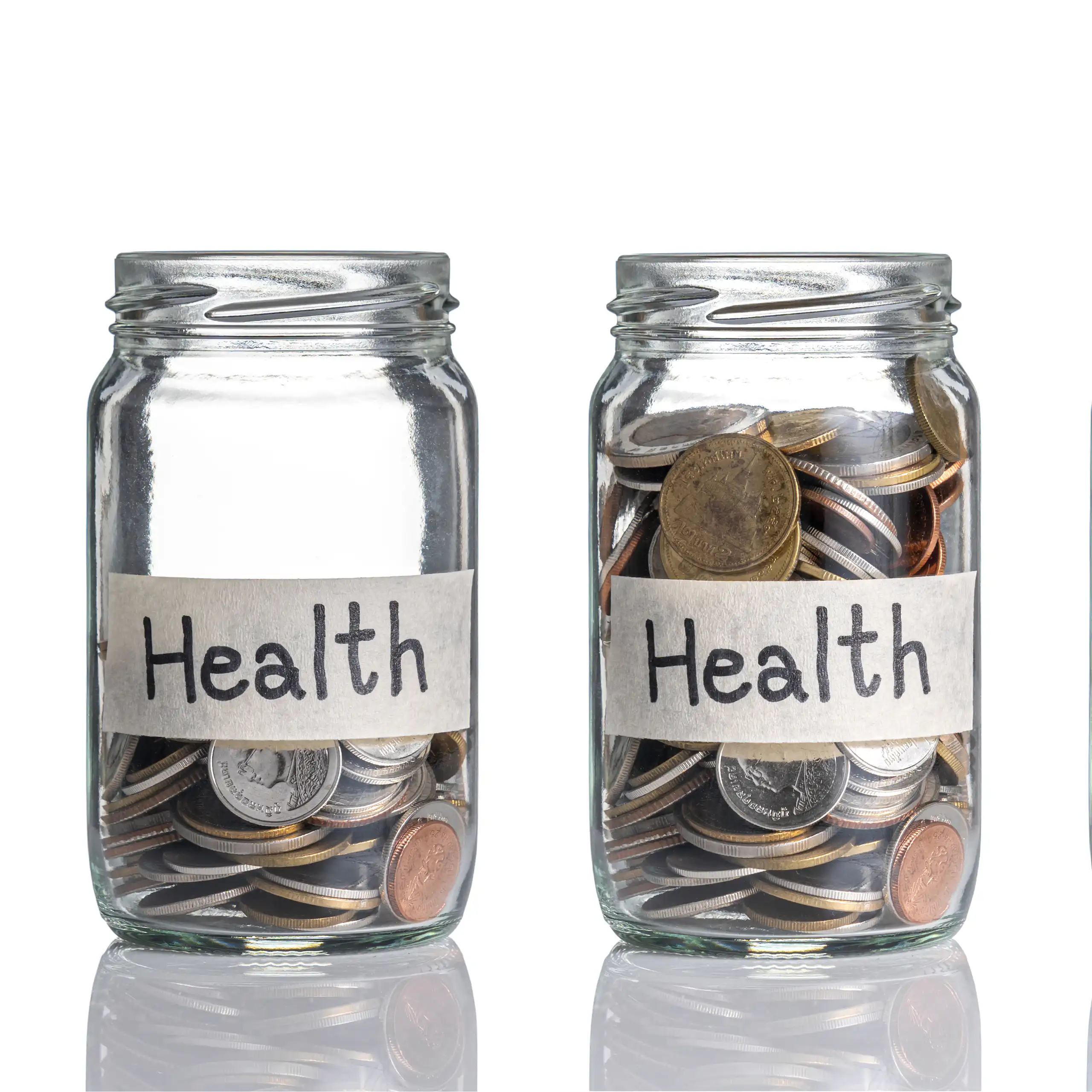 Bottles with different amounts of coins and labels that say health