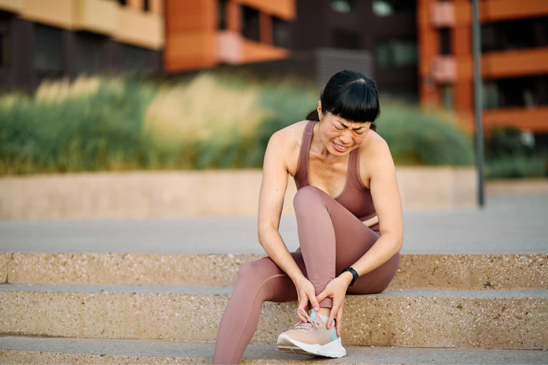 A woman wearing workout clothes sits on outdoor steps and holds her ankle in pain.