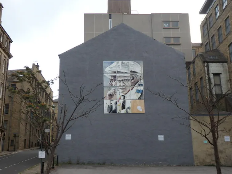 Collage sobre David Hockney hecho por Marcus Levine en Bradford.