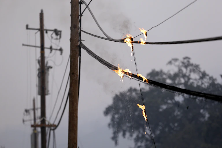 Flames on a power line