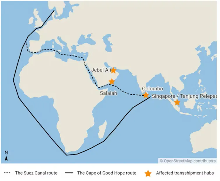 A map showing Africa, Asia and Europe, with lines demonstrating shipping routes