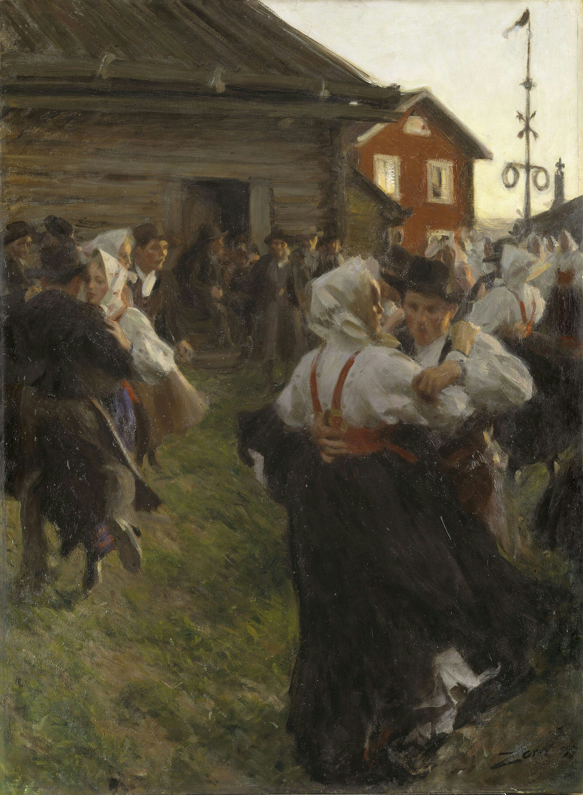 Una escena en la que parejas de hombres y mujeres bailan en una zona de césped frente a una cabaña de madera.
