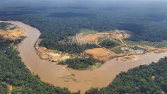 An aerial photo showing a very brown river and a large patch of green forest eaten away by a mine