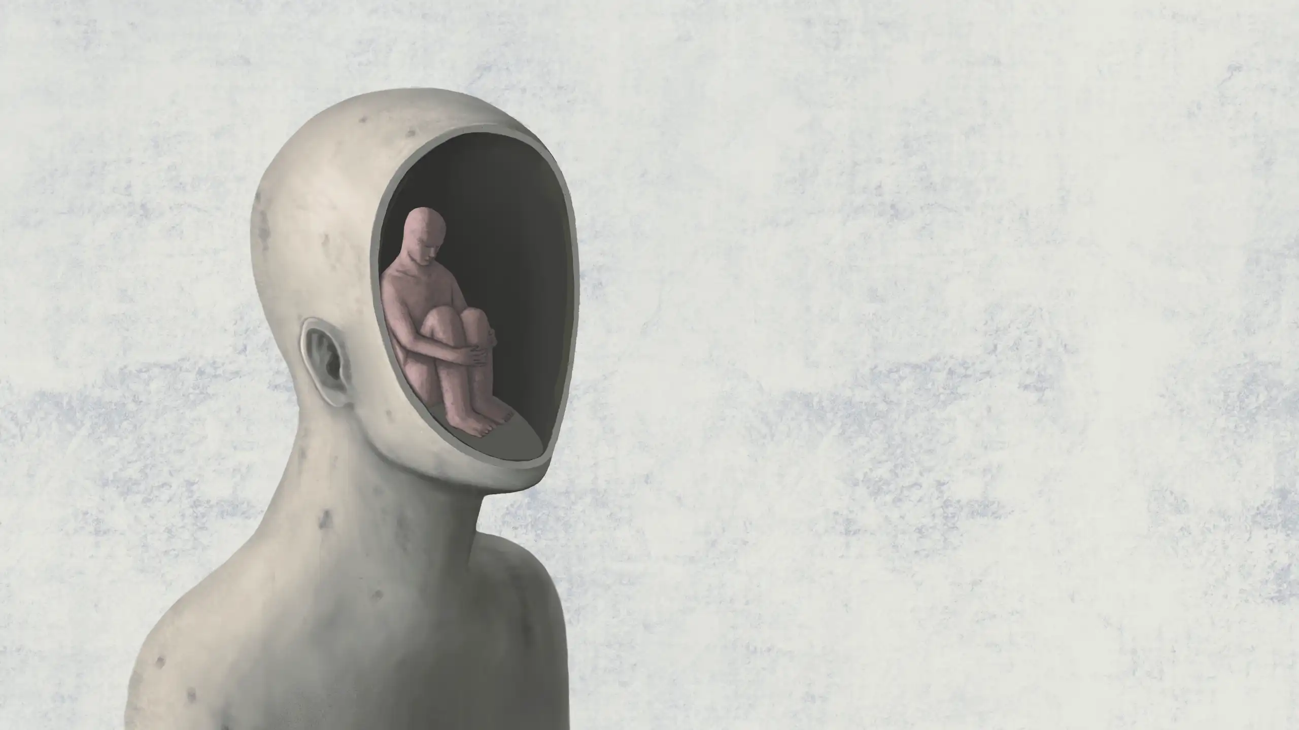 Una il·lustració d'una persona asseguda a terra dins d'un cap més gran obert per la meitat, sense monyo ni cara.