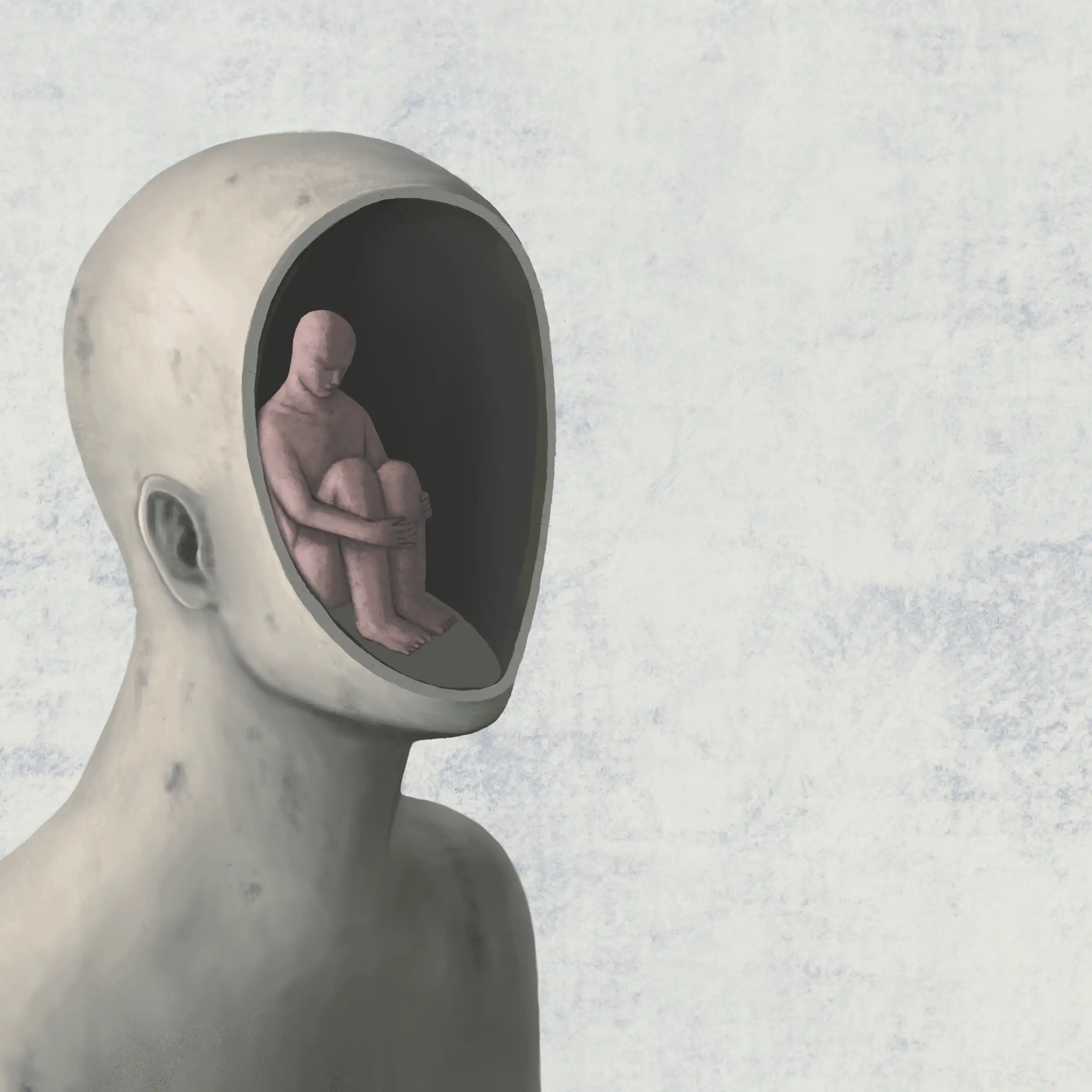 Una il·lustració d'una persona asseguda a terra dins d'un cap més gran obert per la meitat, sense monyo ni cara.