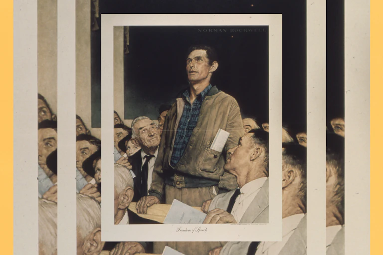 Painting of a man standing and talking in a crowded room.