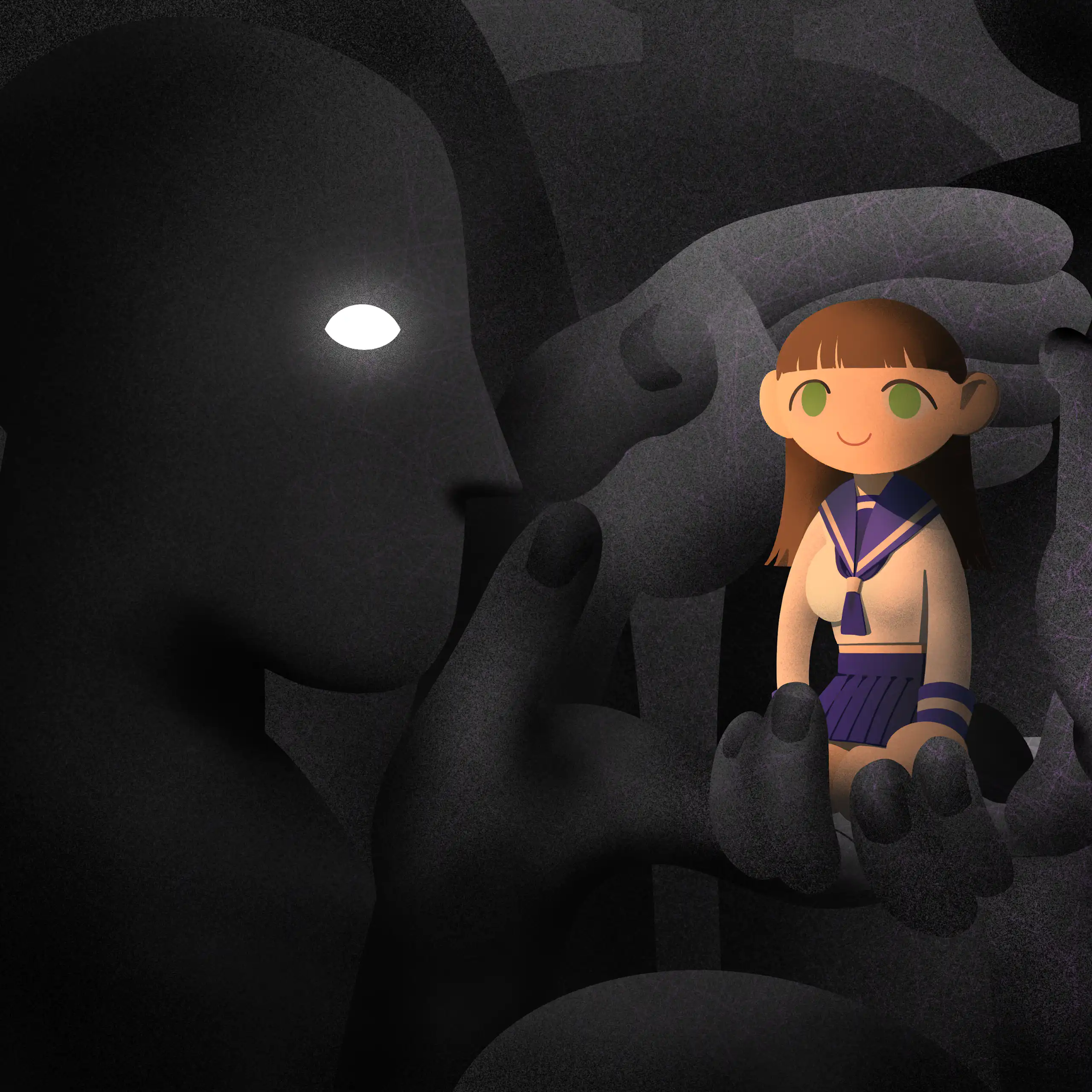 A young female character, representing a doll, in a school uniform who is illustrated in the Japanese artistic and cultural 'Kawaii' style. The bright doll with green eyes is in the palm of an anonymous and sinister figure and surrounded by darkness and shadow in contrast to her colourful uniform. There is a faint web-like pattern on the figures and the background.