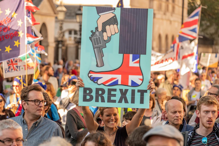 Manifestants avec des pancartes contre le Brexit.