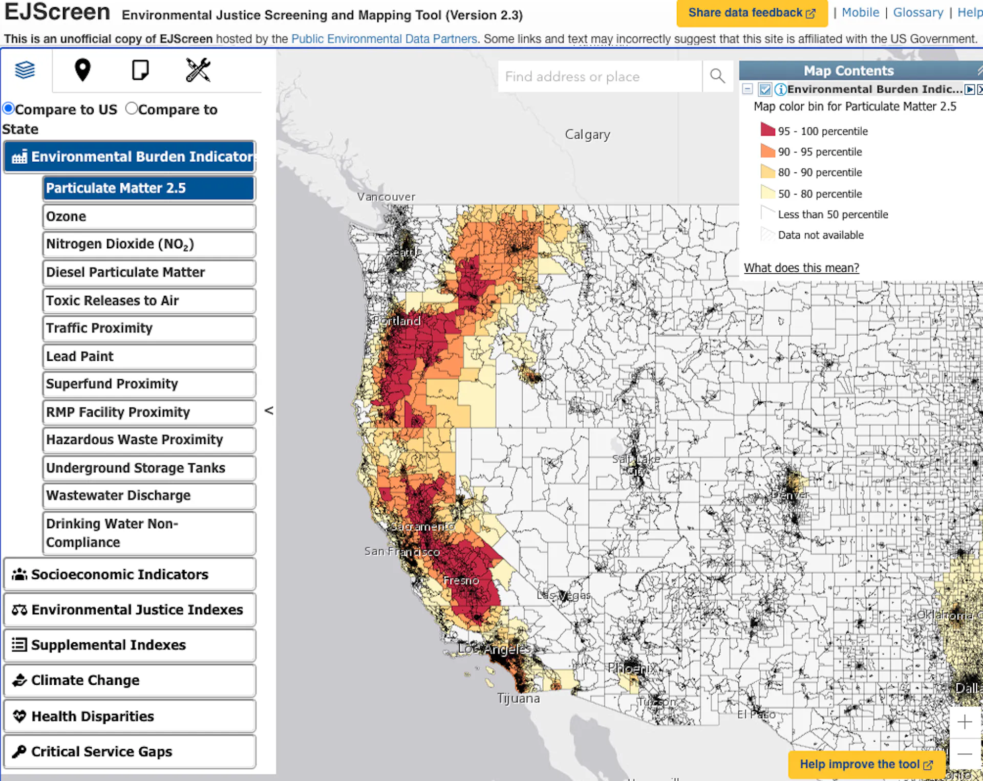 A view of the Western U.S. with areas shaded according to how much particulate matter air pollution is measured in each.