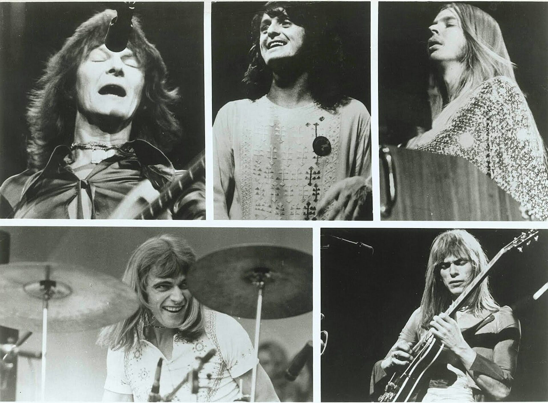 Cinco fotografías en blanco y negro de cinco músicos de la banda tocando sus instrumentos y colocadas en una especie de collage.