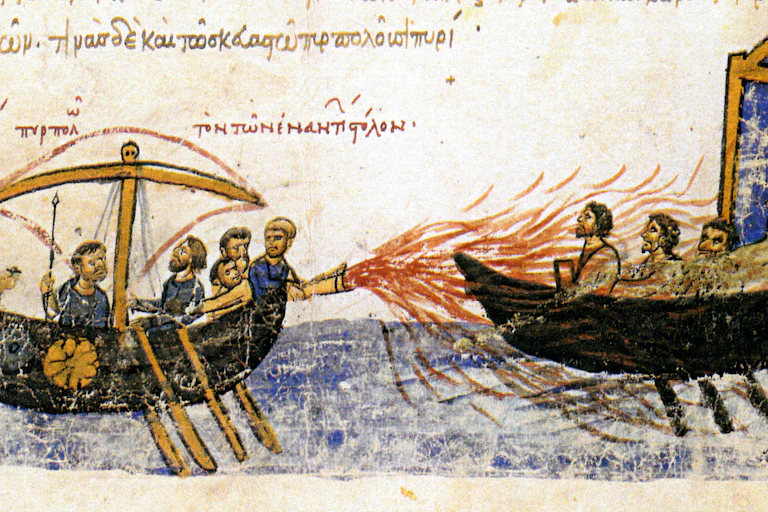 Image from an illuminated manuscript, the Madrid Skylitzes, showing Greek fire in use against the fleet of the rebel Thomas the Slav.