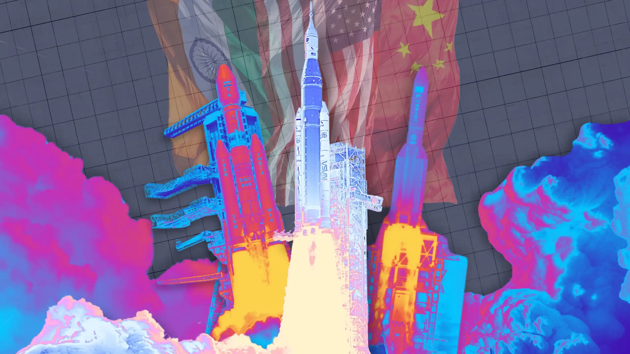 Rocket launches from the US, India and China with flags in the background