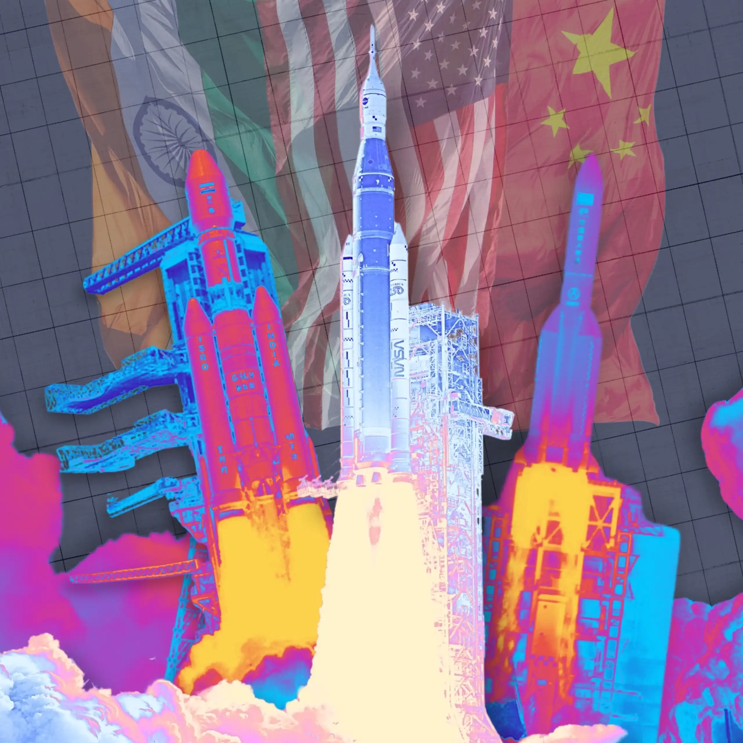 Rocket launches from the US, India and China with flags in the background
