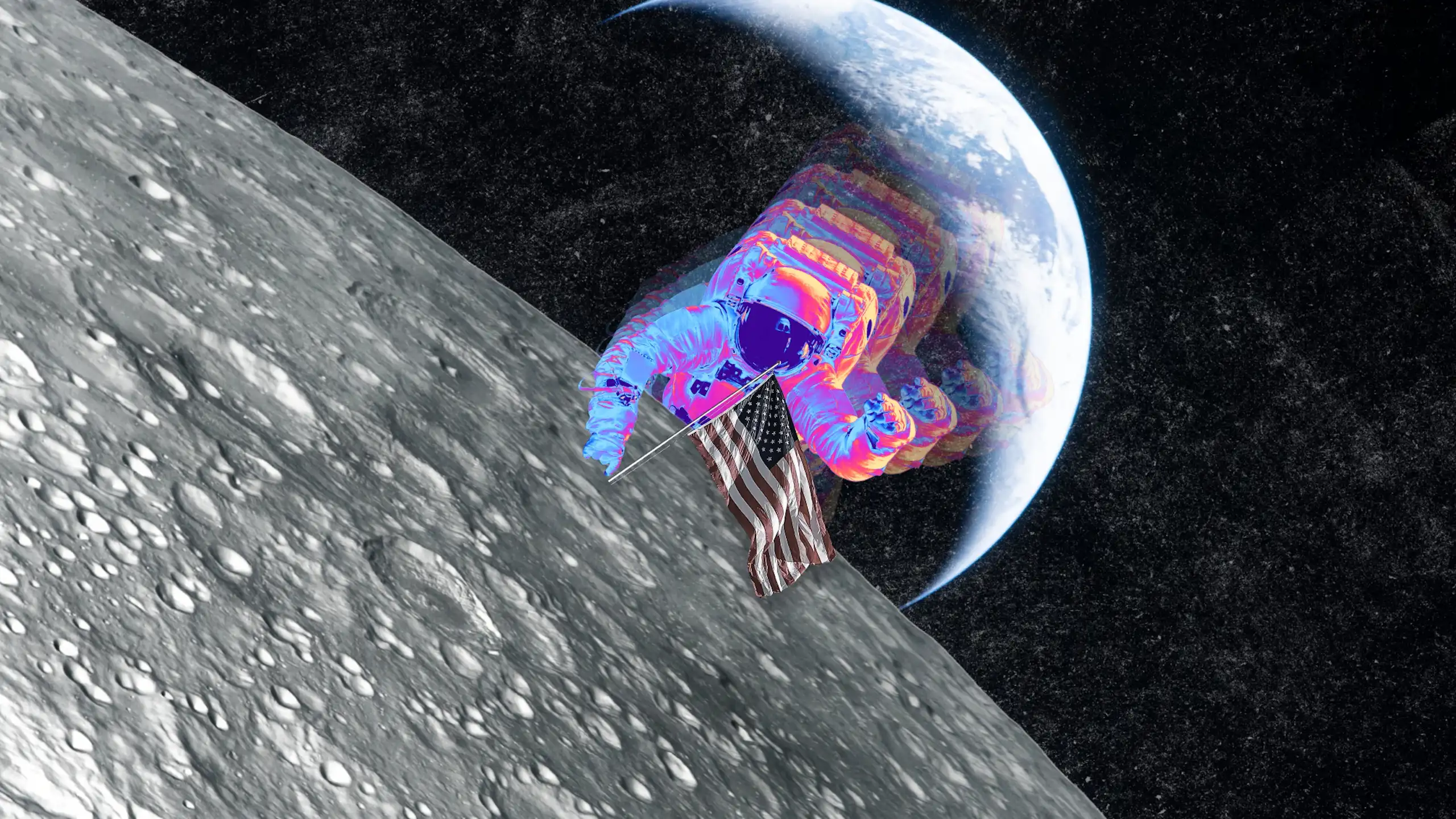 An astronaut floats over the moon and points to a US flag on the surface