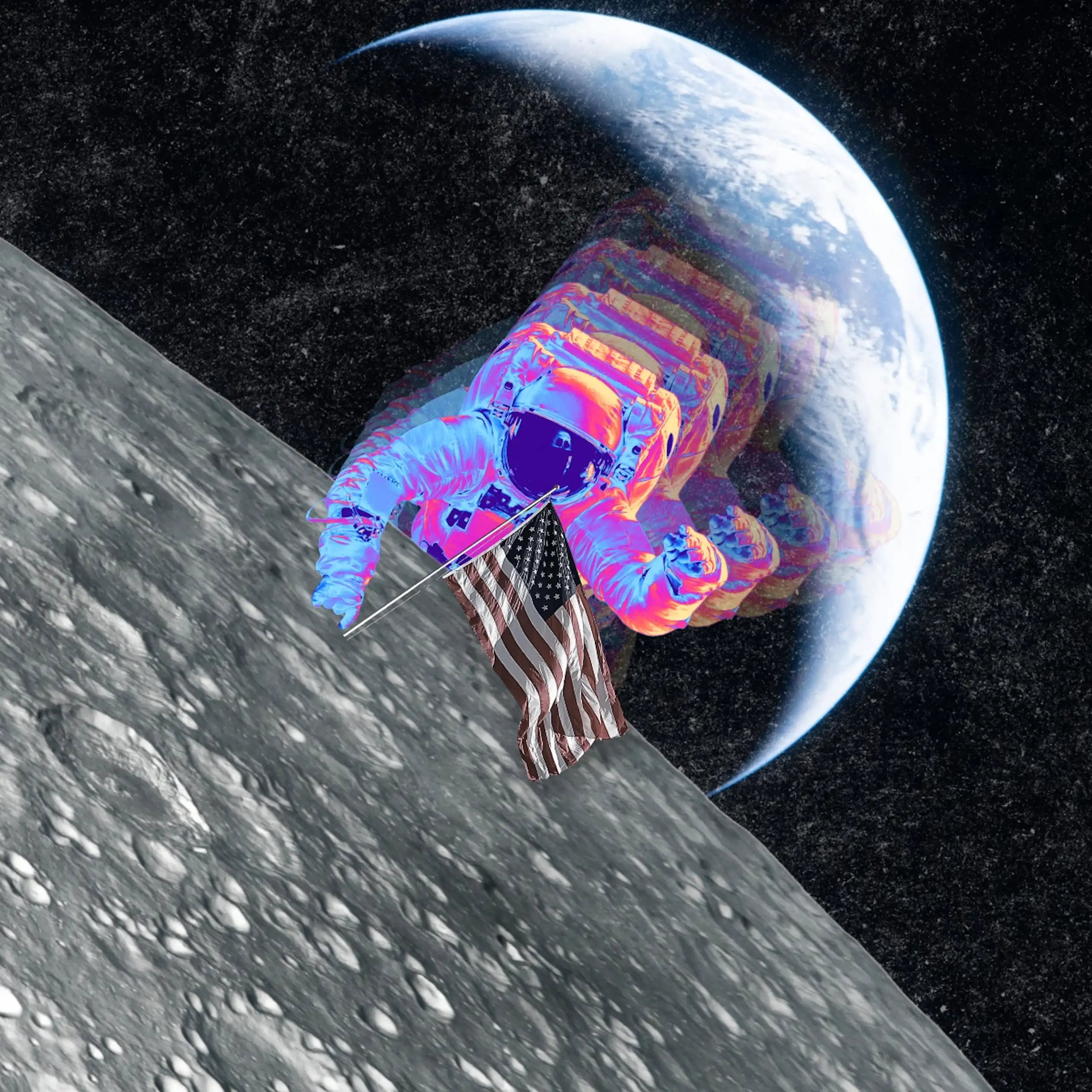 An astronaut floats over the moon and points to a US flag on the surface