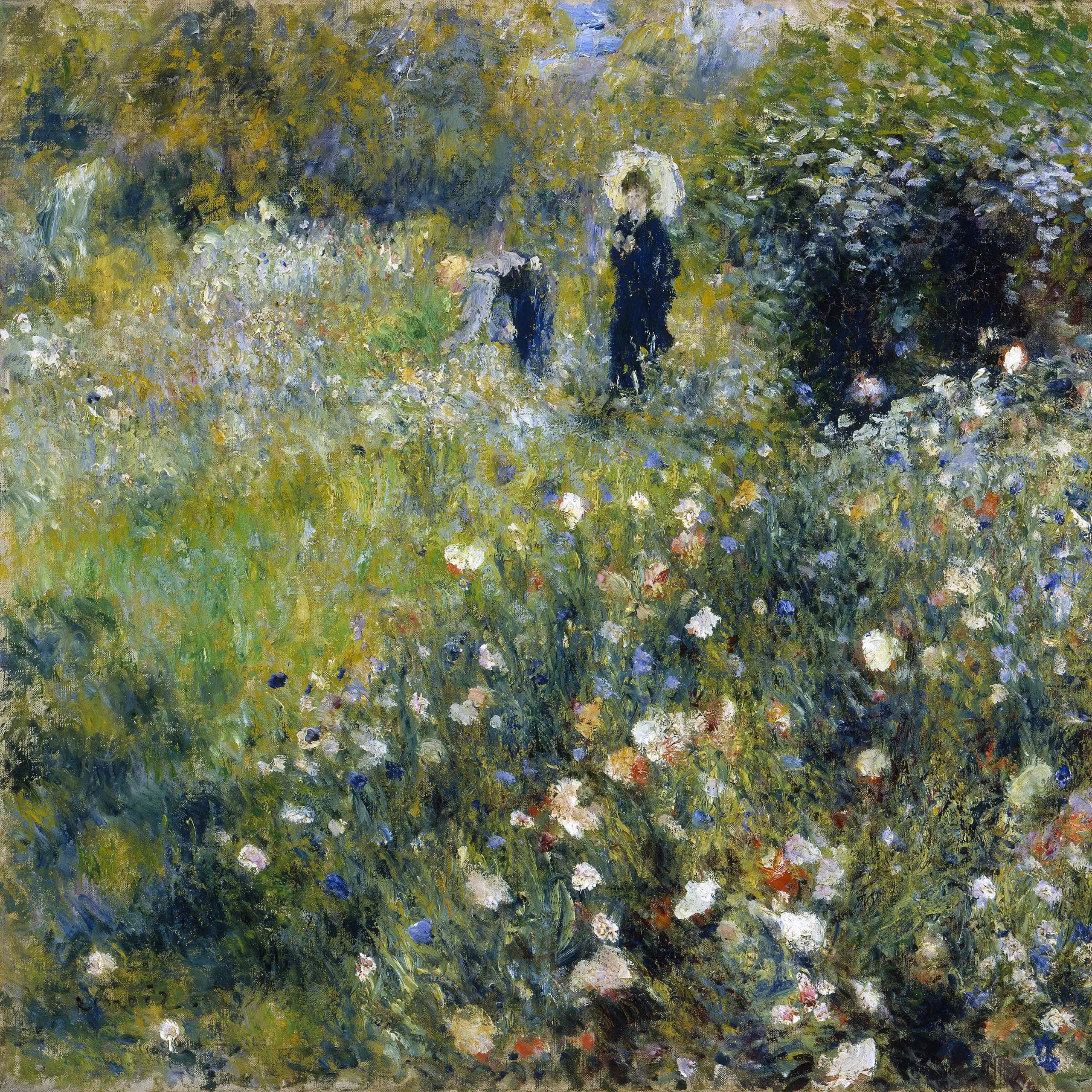 Une femme se promène dans un jardin ensoleillé, tenant un parasol, entourée d'une végétation luxuriante.