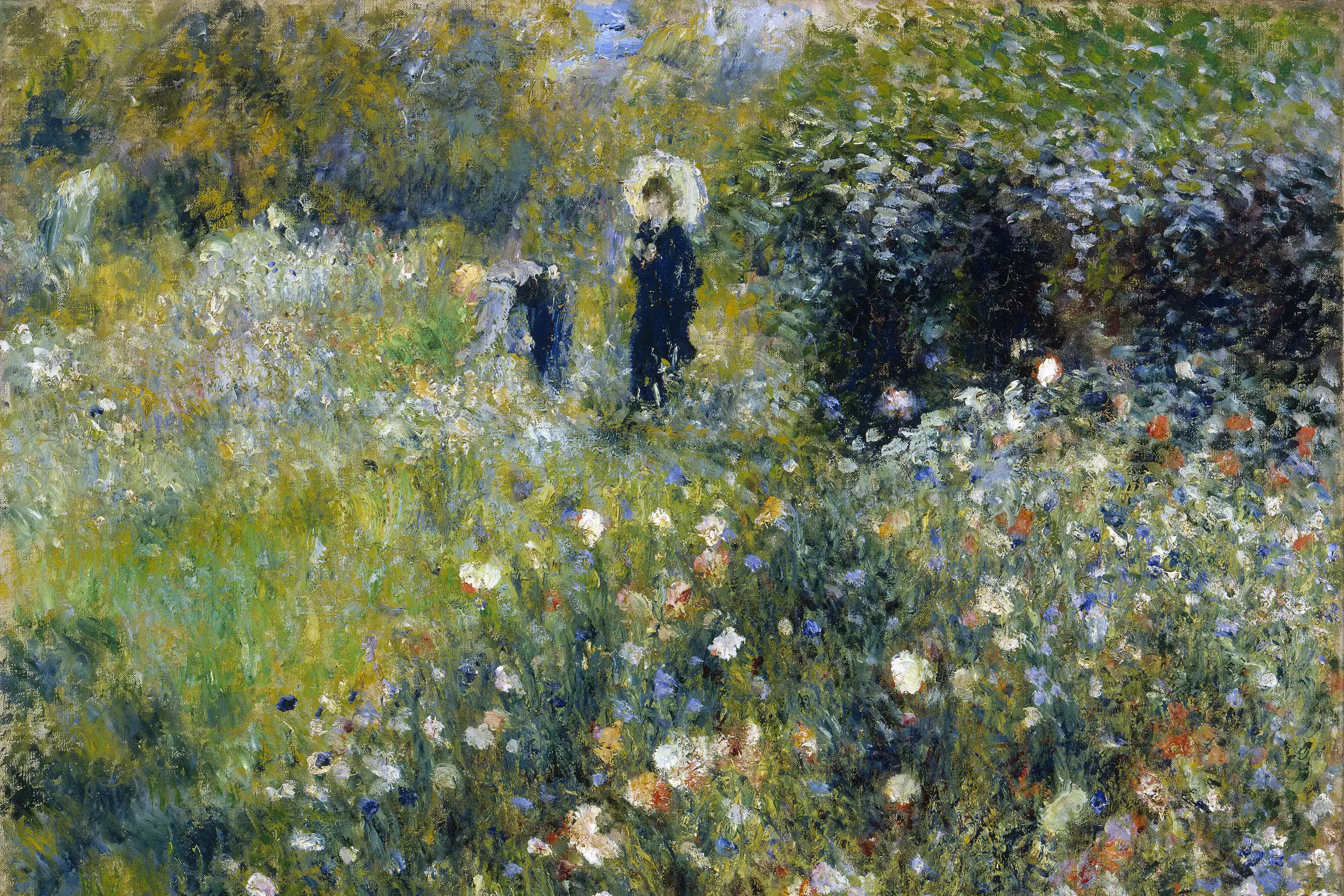 Une femme se promène dans un jardin ensoleillé, tenant un parasol, entourée d'une végétation luxuriante.