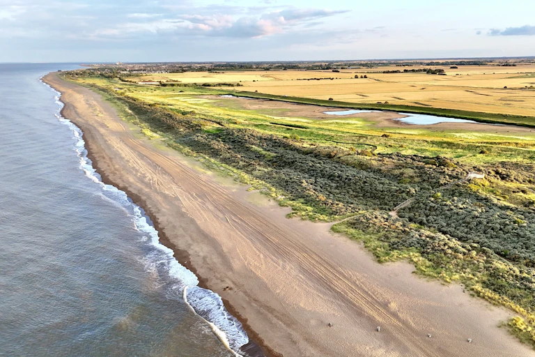 sea and coast reaching flat green/yellow crops in farmland