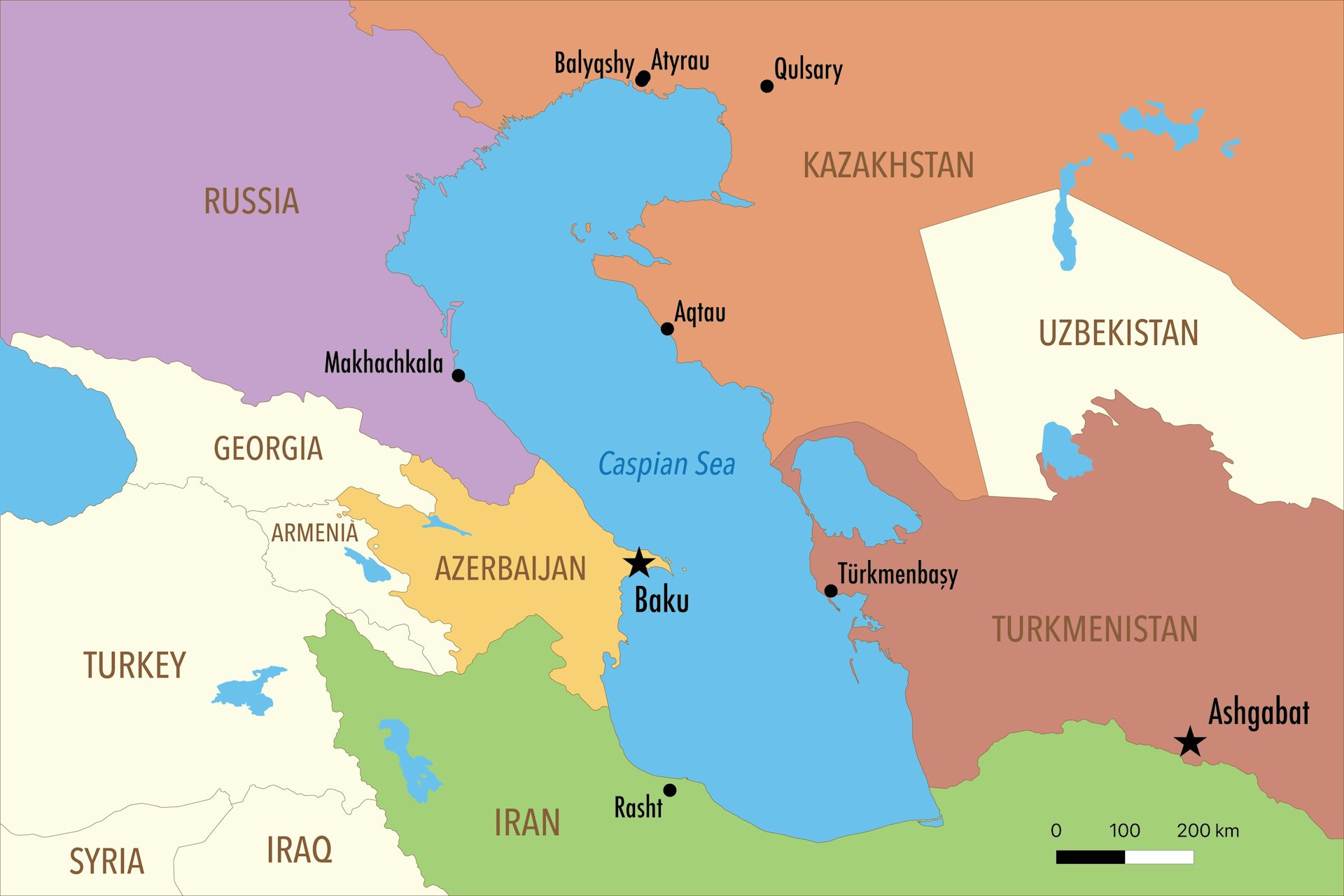 A colour map of the Caspian Sea and surrounding countries.