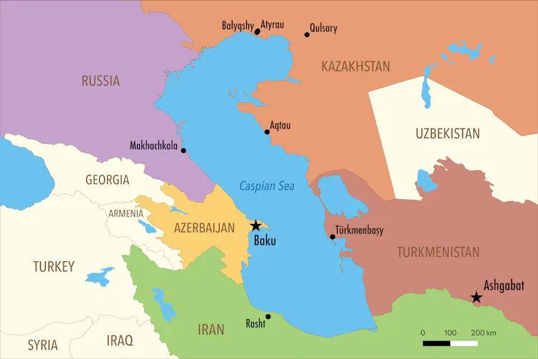 A colour map of the Caspian Sea and surrounding countries.