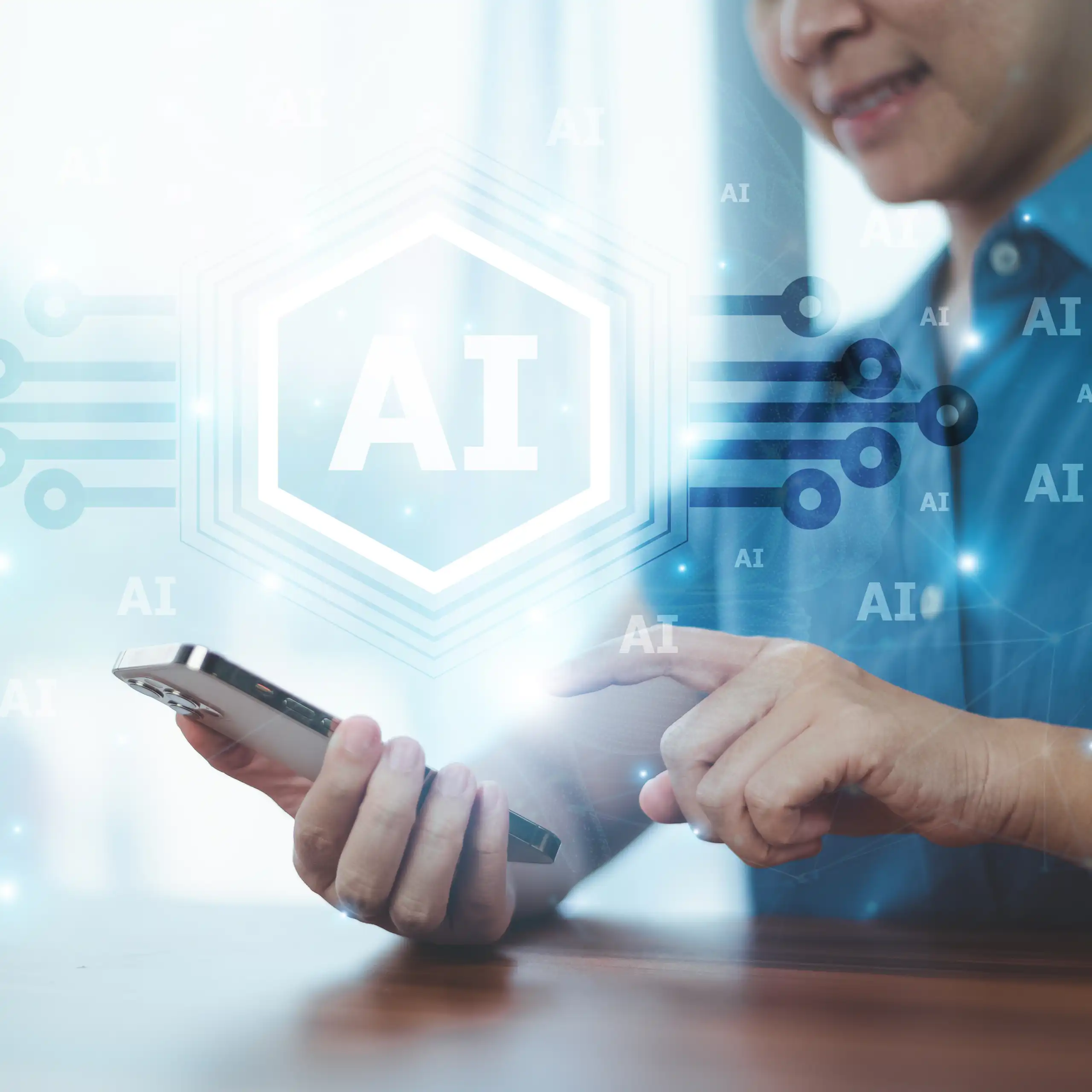 Une femme tapote sur son smartphone, un logo « IA » apparaît.