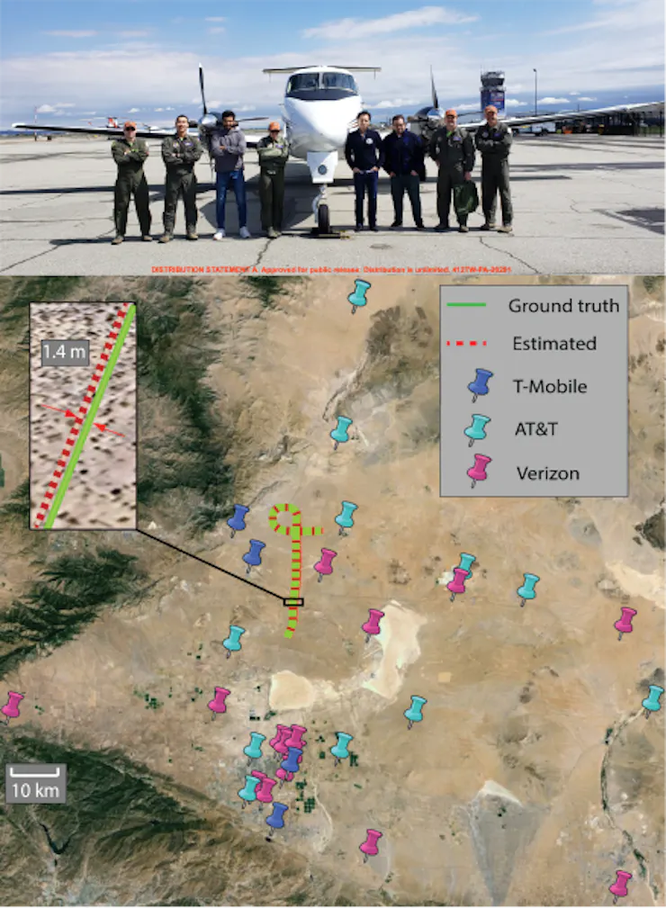 photo of a twin-engine plane with eight people in front of it above a satellite image overlaid with numerous colored pins