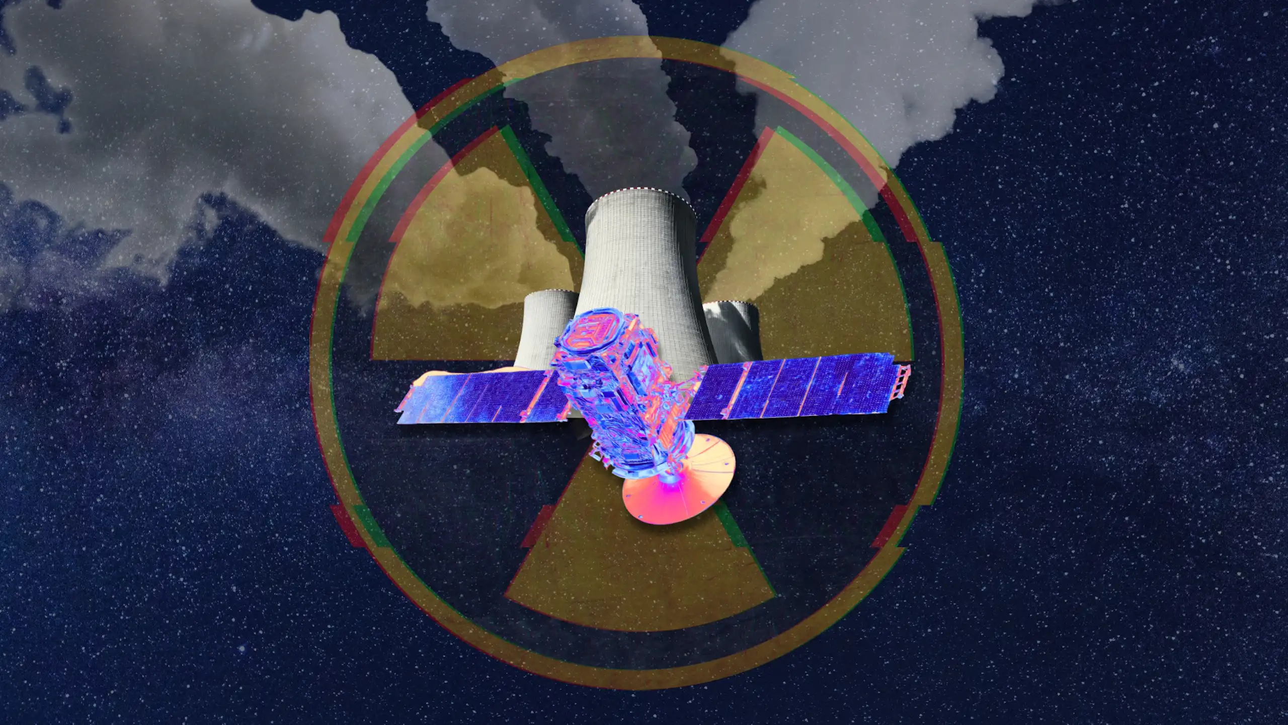 A satellite with nuclear cooling towers and a nuclear hazard symbol