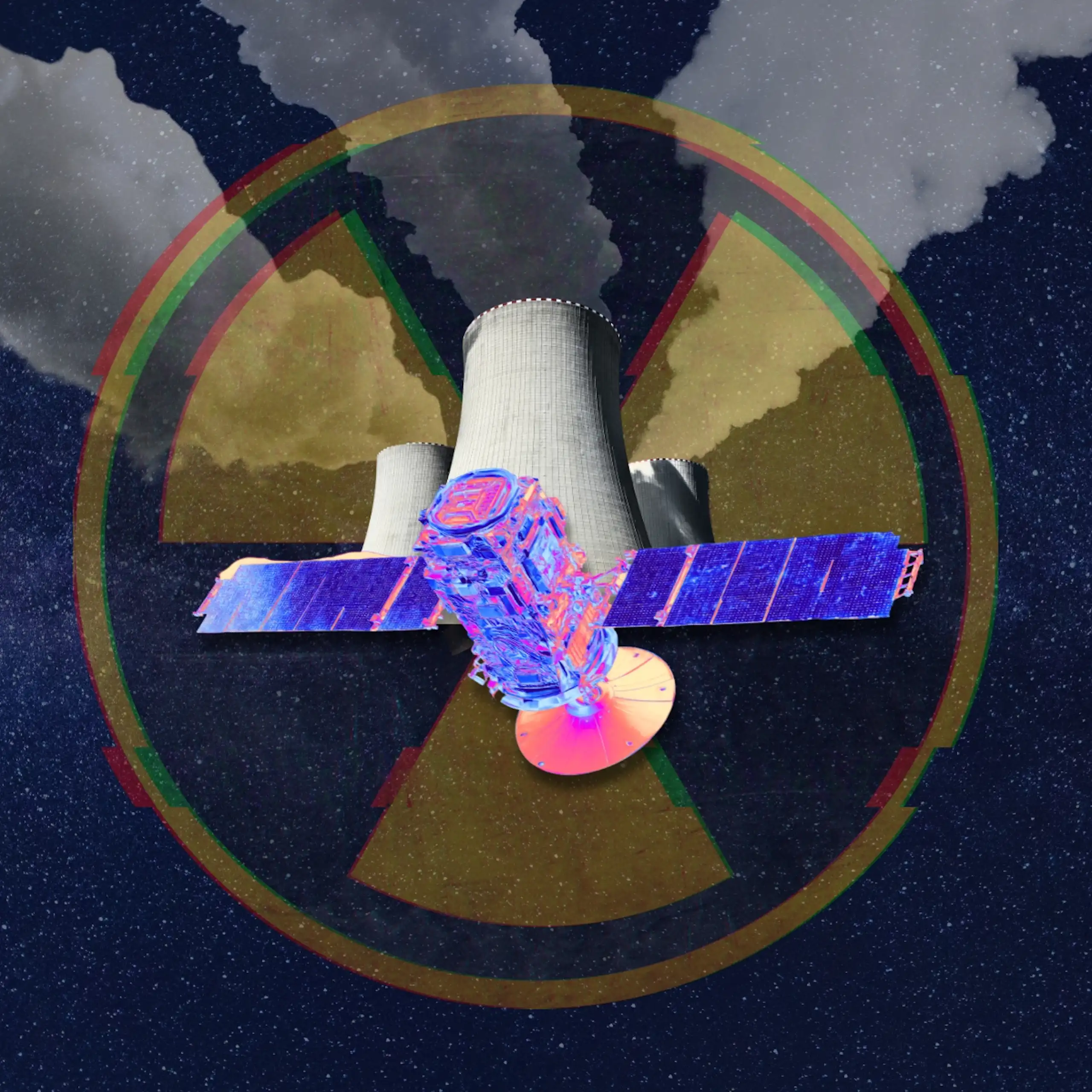 A satellite with nuclear cooling towers and a nuclear hazard symbol