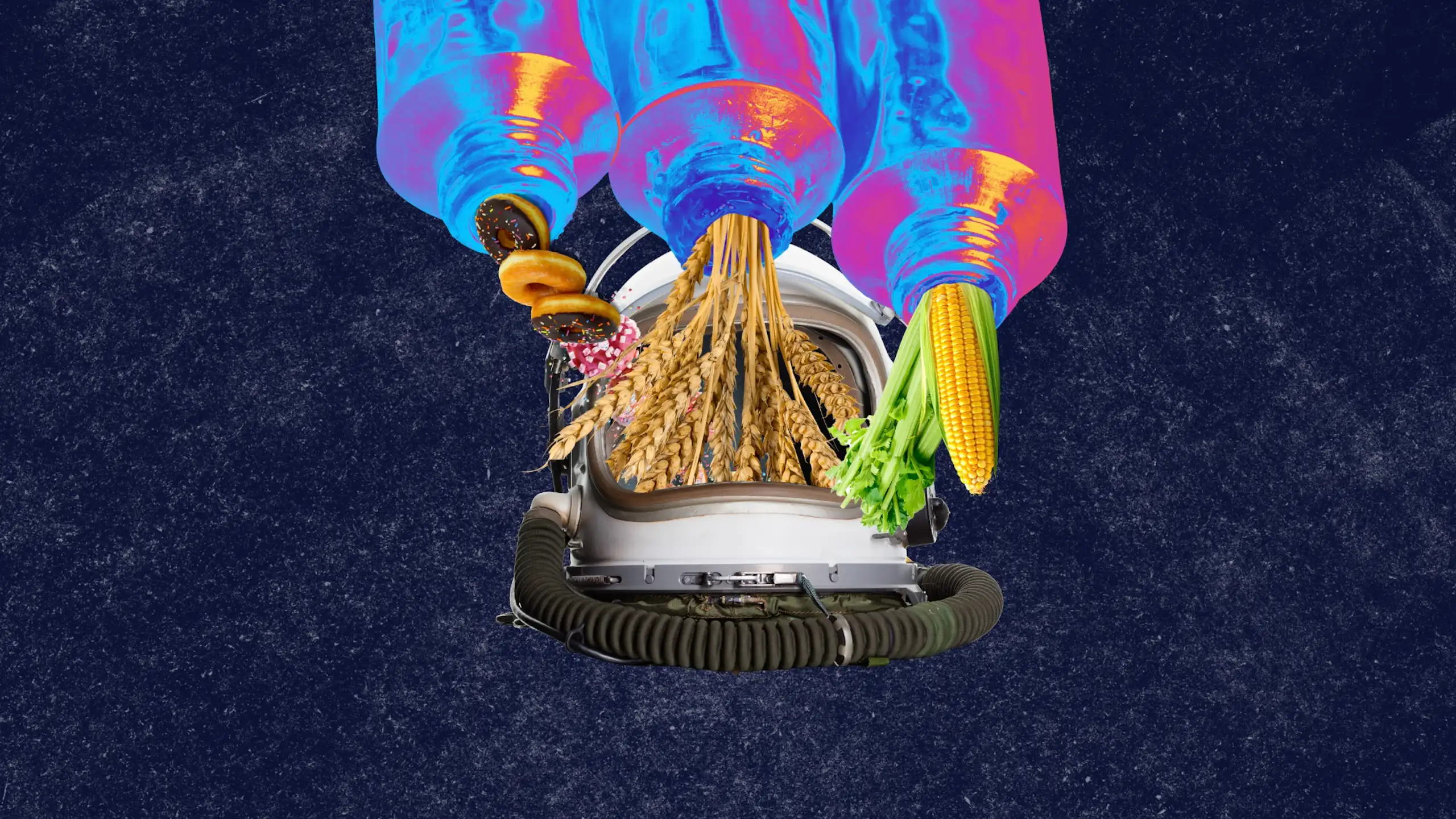 Tubes with donuts, wheat and corn pouring out into an astronaut's open helmet