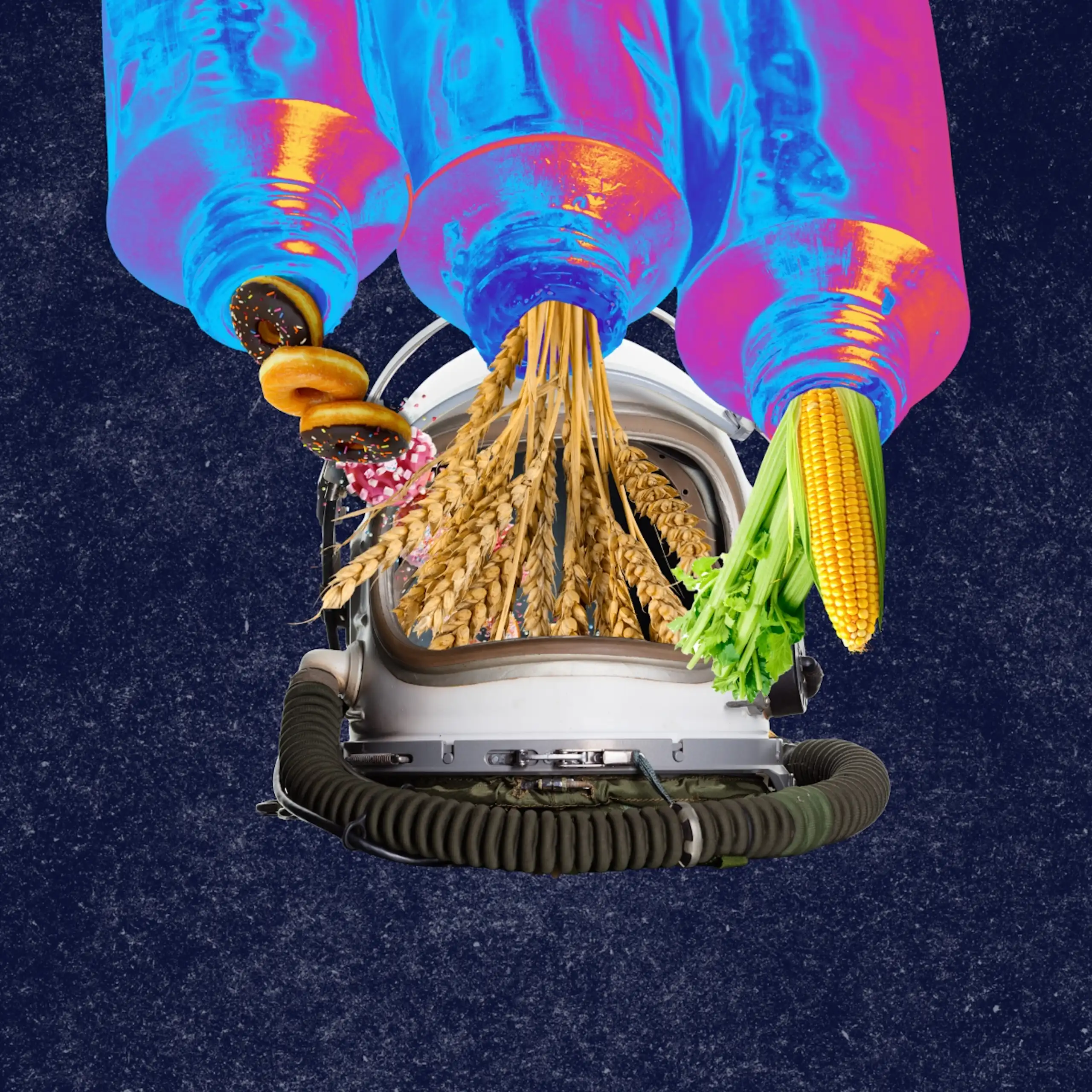 Tubes with donuts, wheat and corn pouring out into an astronaut's open helmet