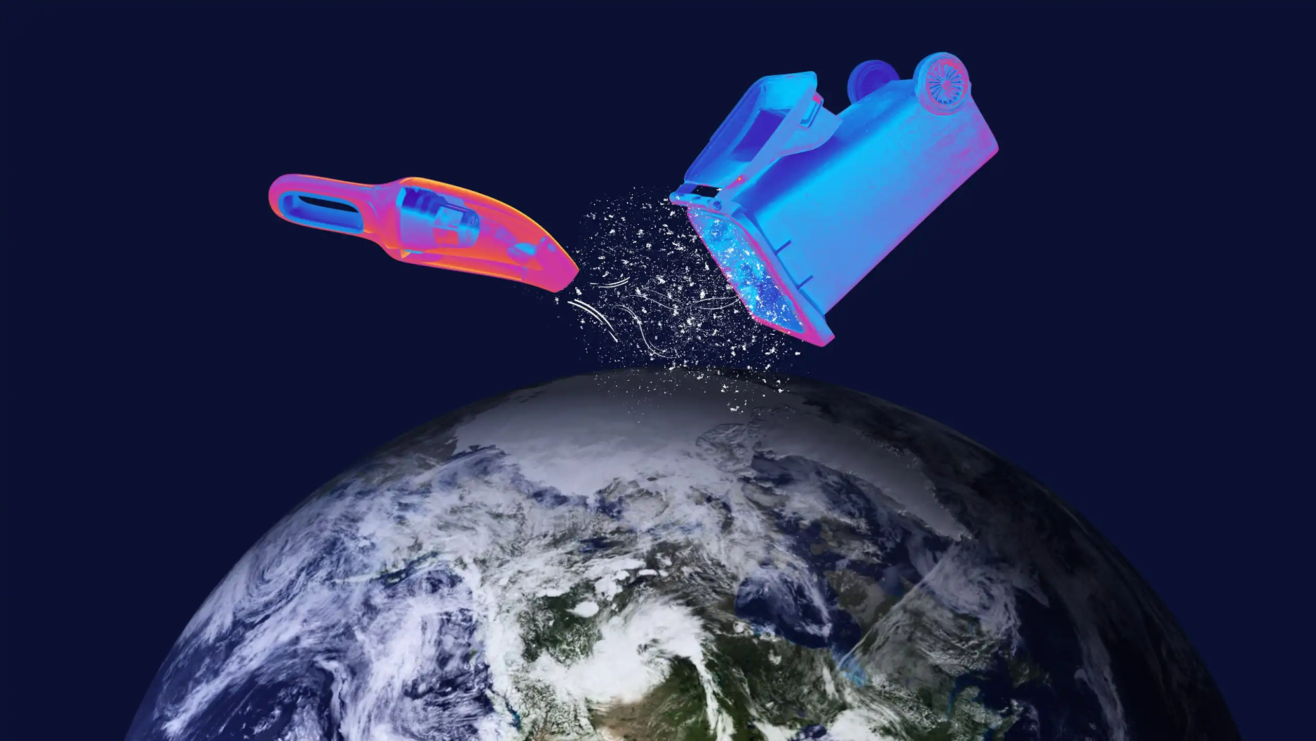 A bin dropping junk and a vacuum cleaning it up in space