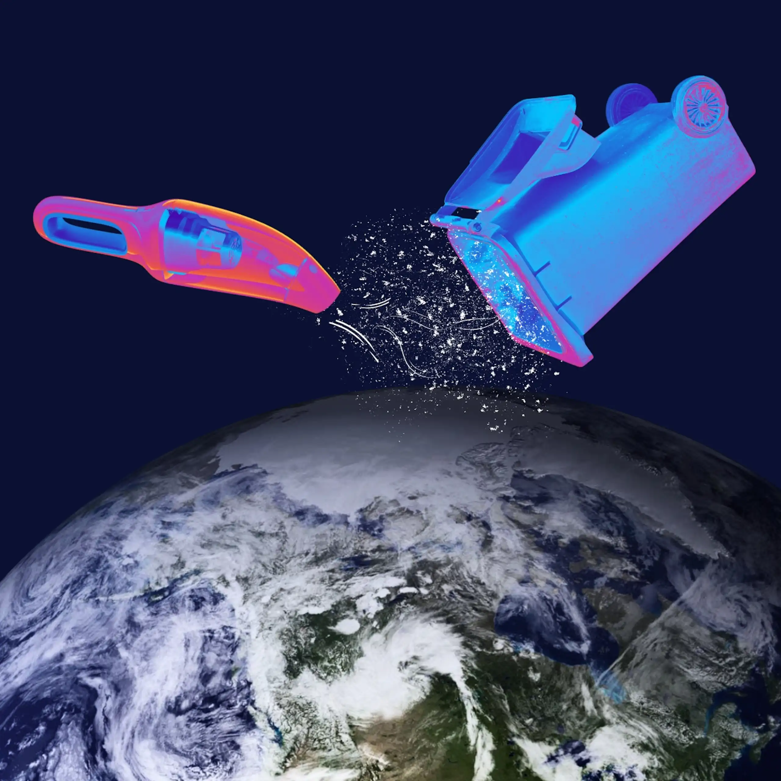 A bin dropping junk and a vacuum cleaning it up in space