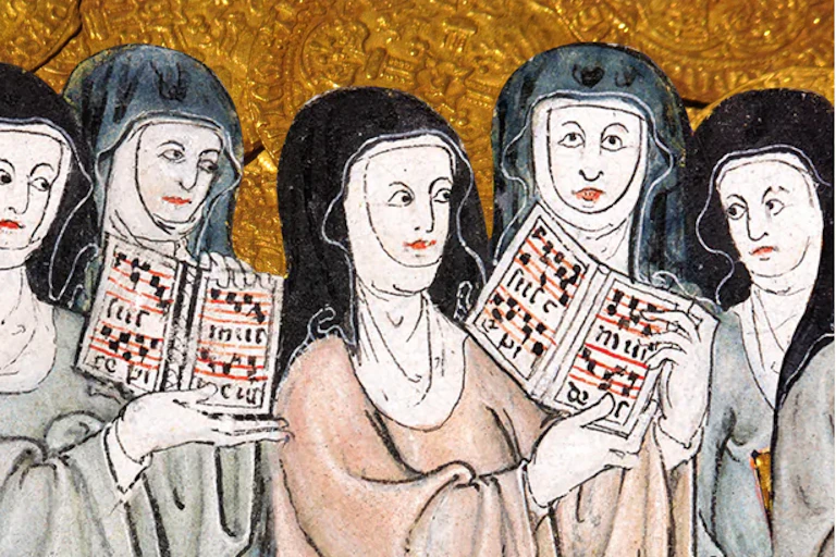 A medieval image of nuns on top of a photo of medieval coins