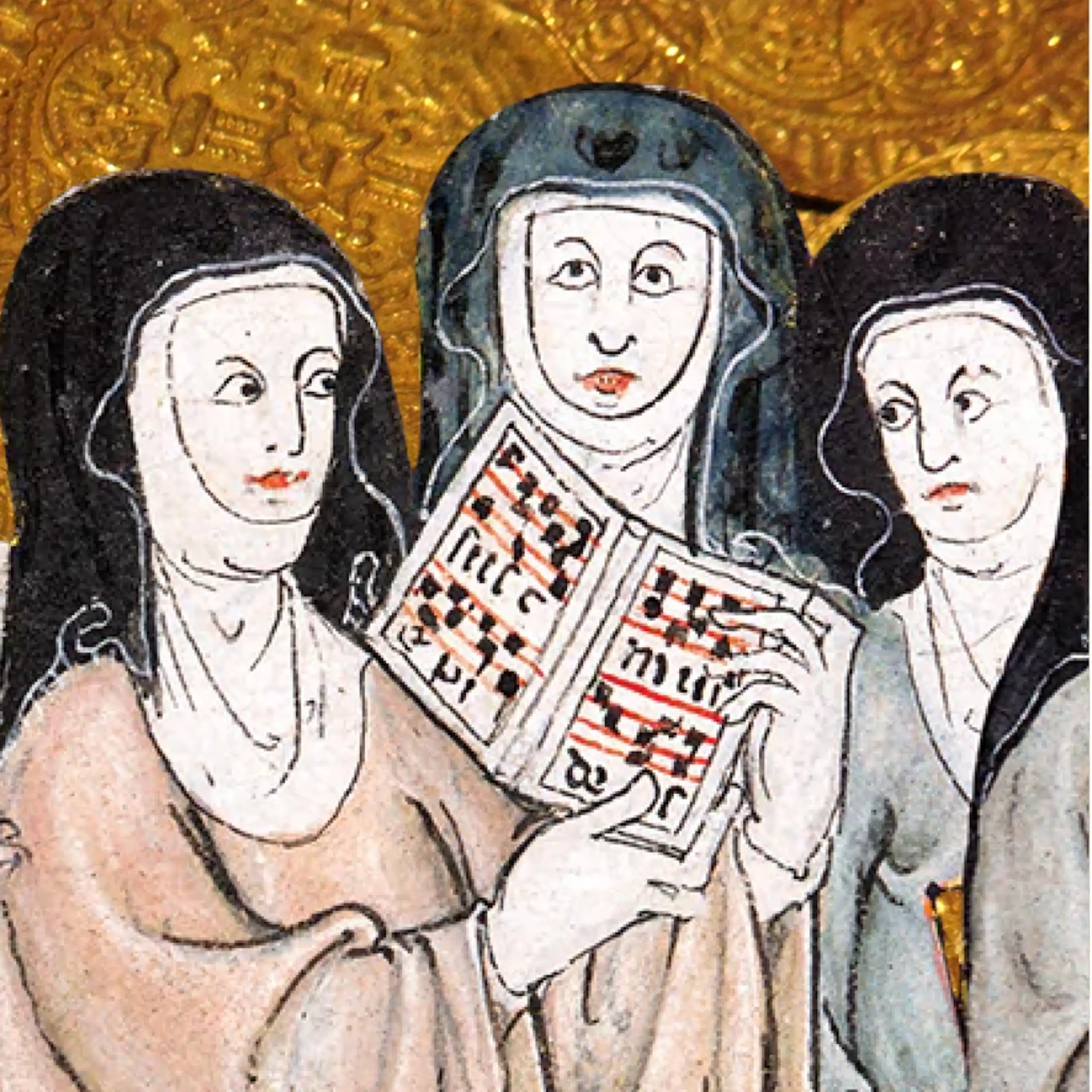 A medieval image of nuns on top of a photo of medieval coins