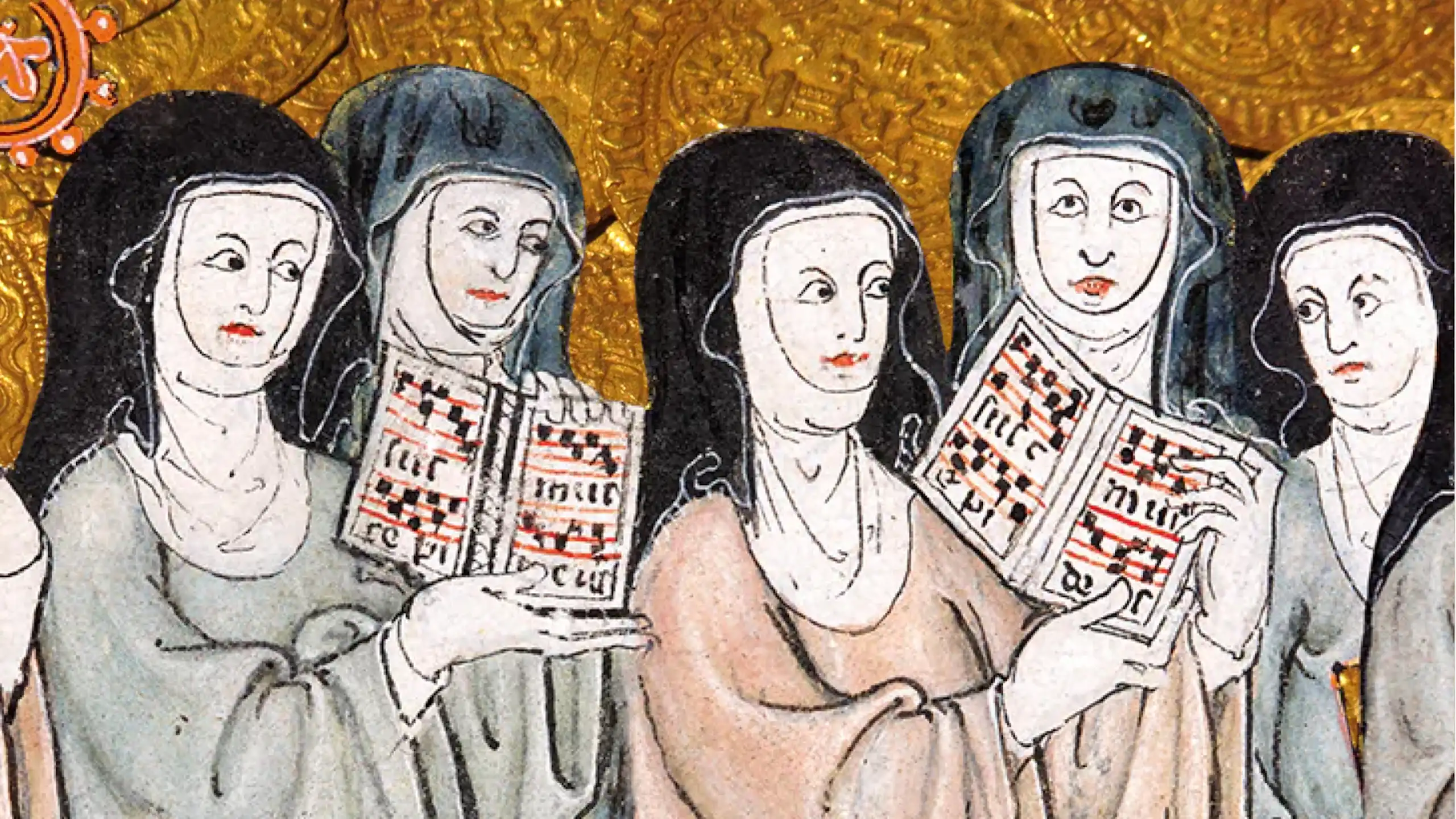 A medieval image of nuns on top of a photo of medieval coins