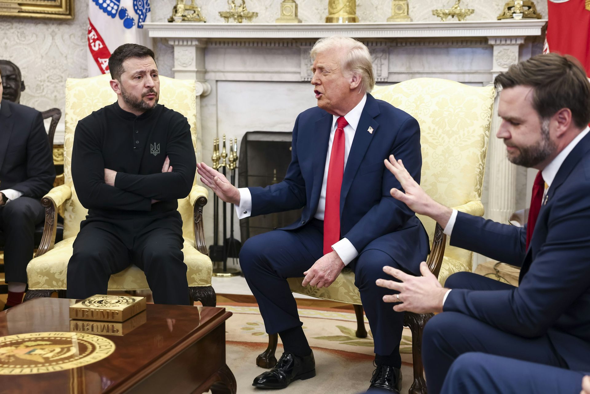 US president, Donald Trump, vice-president, J.D. Vance, and UKrainian president Volodymyr Zelensky argue in  the Oval Office, February 2025.