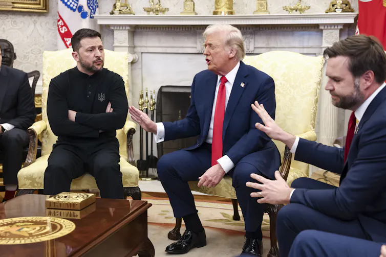 US president, Donald Trump, vice-president, J.D. Vance, and UKrainian president Volodymyr Zelensky argue in the Oval Office, February 2025.
