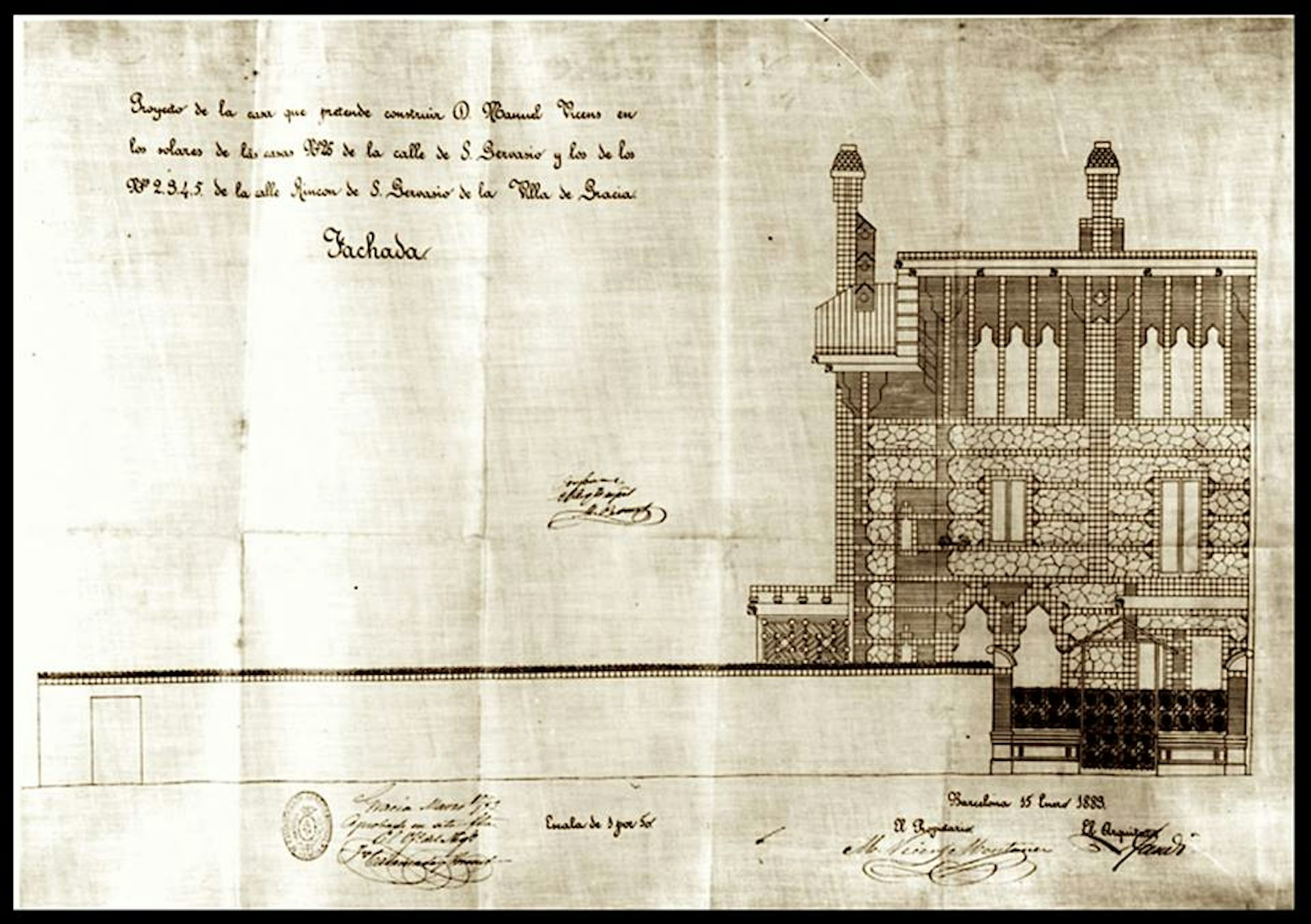 Design for the facade of the Casa Vicens, signed by Gaudí in 1883.