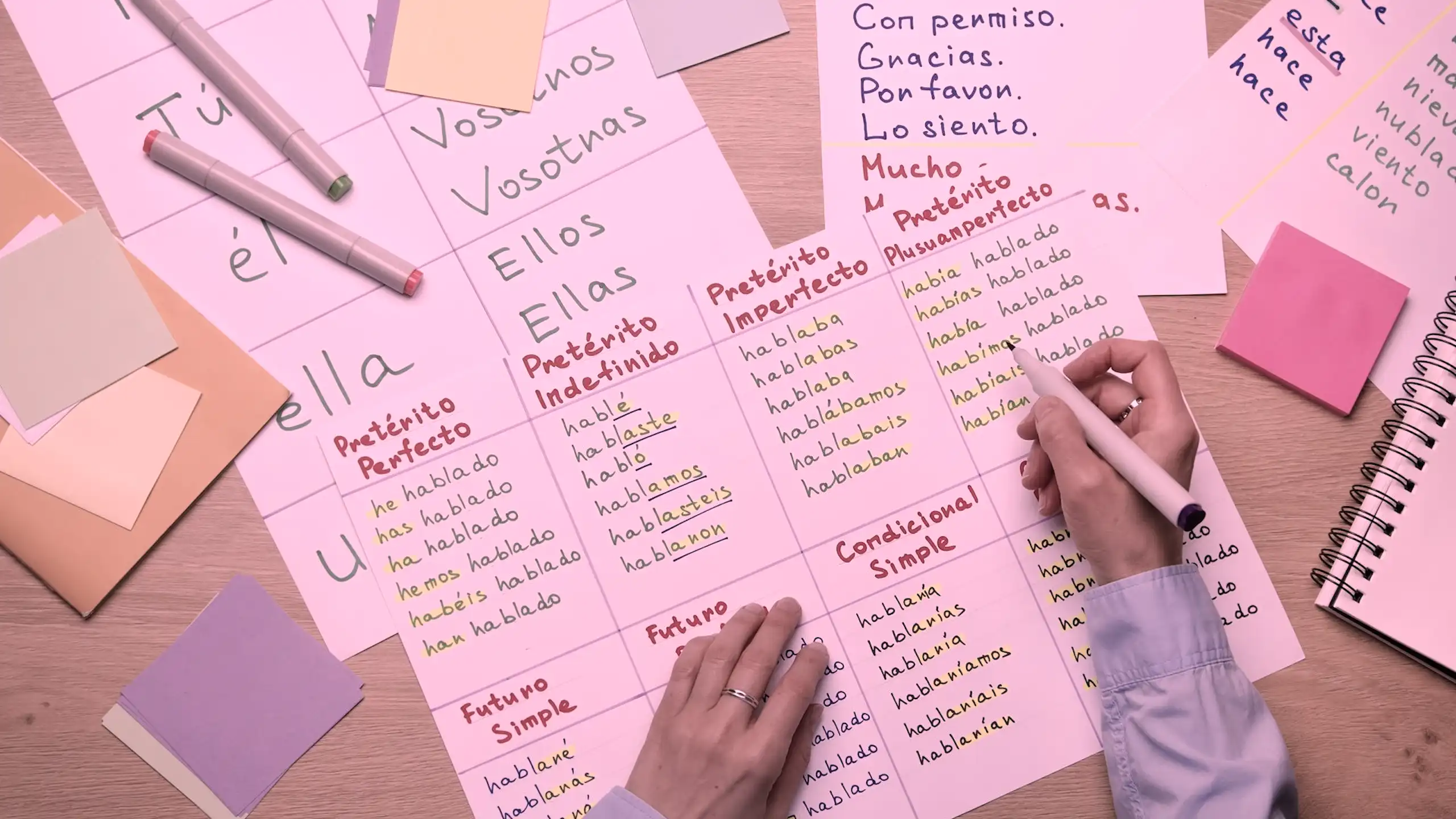 Vista cenital de unas manos infantiles escribiendo y hojas de ejercicios de escritura desperdigadas.