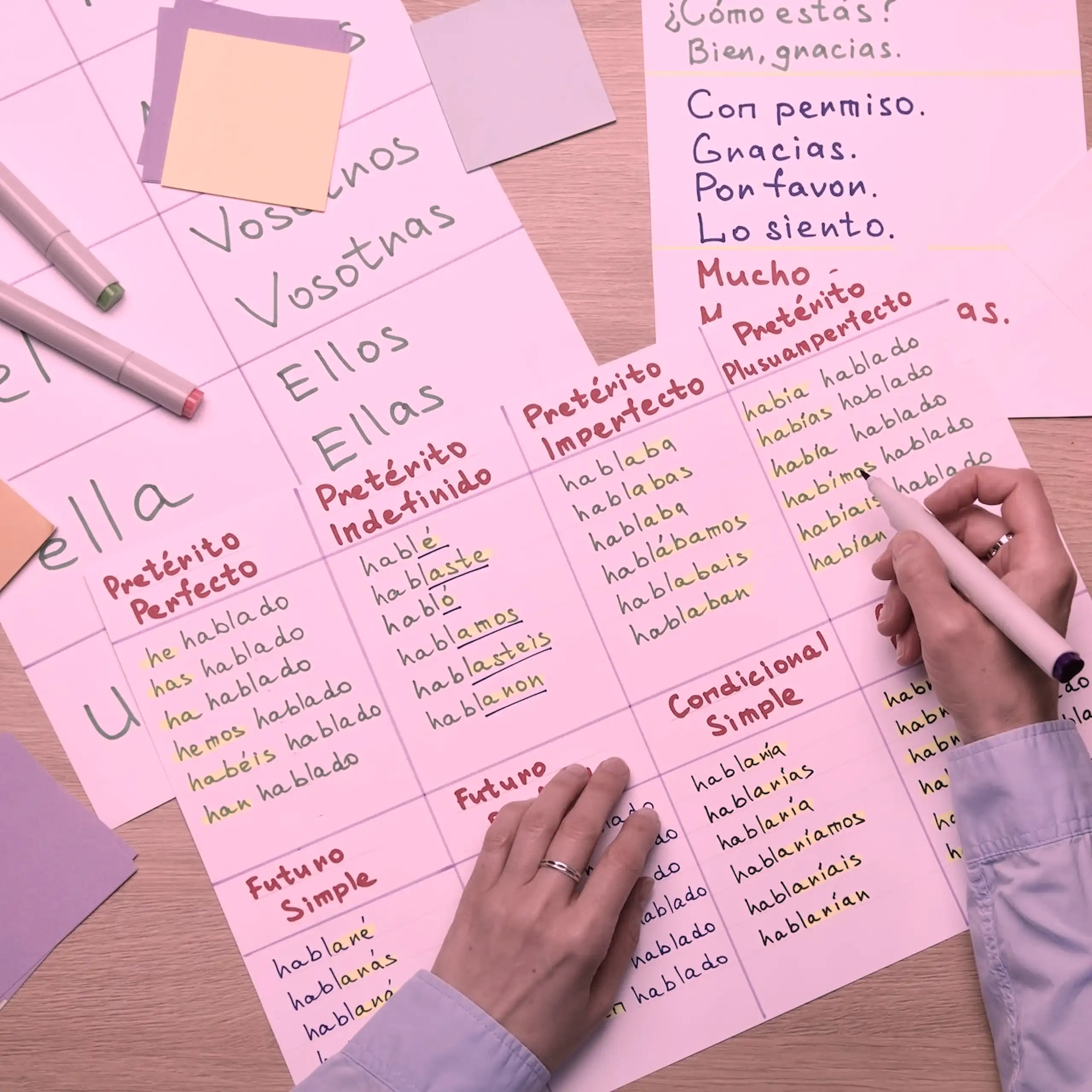 Vista cenital de unas manos infantiles escribiendo y hojas de ejercicios de escritura desperdigadas.